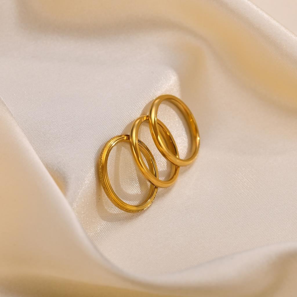 Women's 3PCS Set Stainless Steel Ring, Gold Color Plating 2mm Slim Plain Finger Band Rings, Trendy Stacked Jewelry for Party