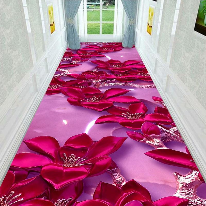 Red Floral Corridor Rug Hallway Carpets 3D Living Room Carpet Long Flower Bedroom Room Mats Kitchen Rug Bathroom Mat Anti-Skid