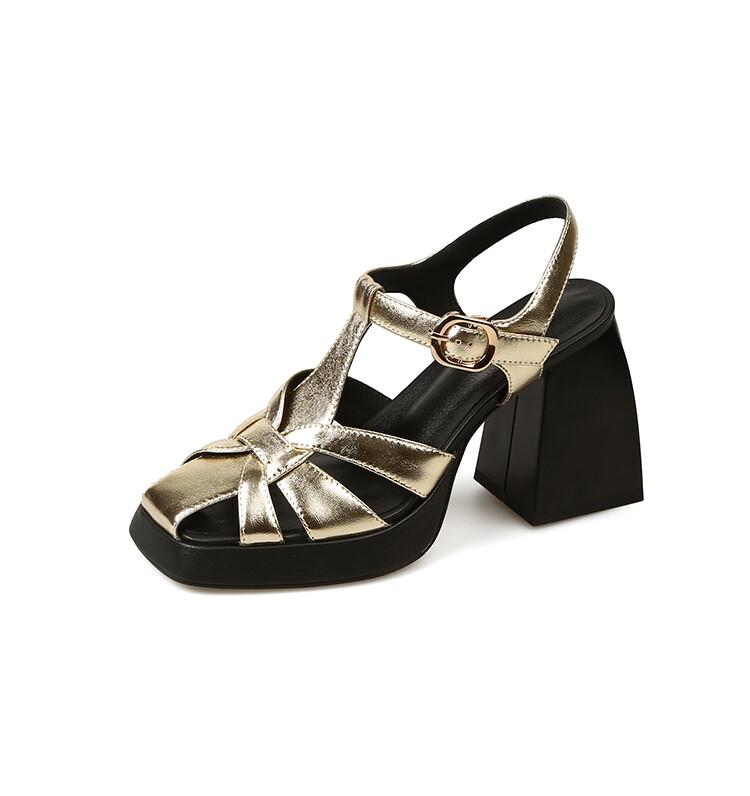 Fashion Summer Sandals Split Leather Women Shoes Square Toe High Heels Sandals for Women Handmade Fashion Roman Shoes Platform Sandals
