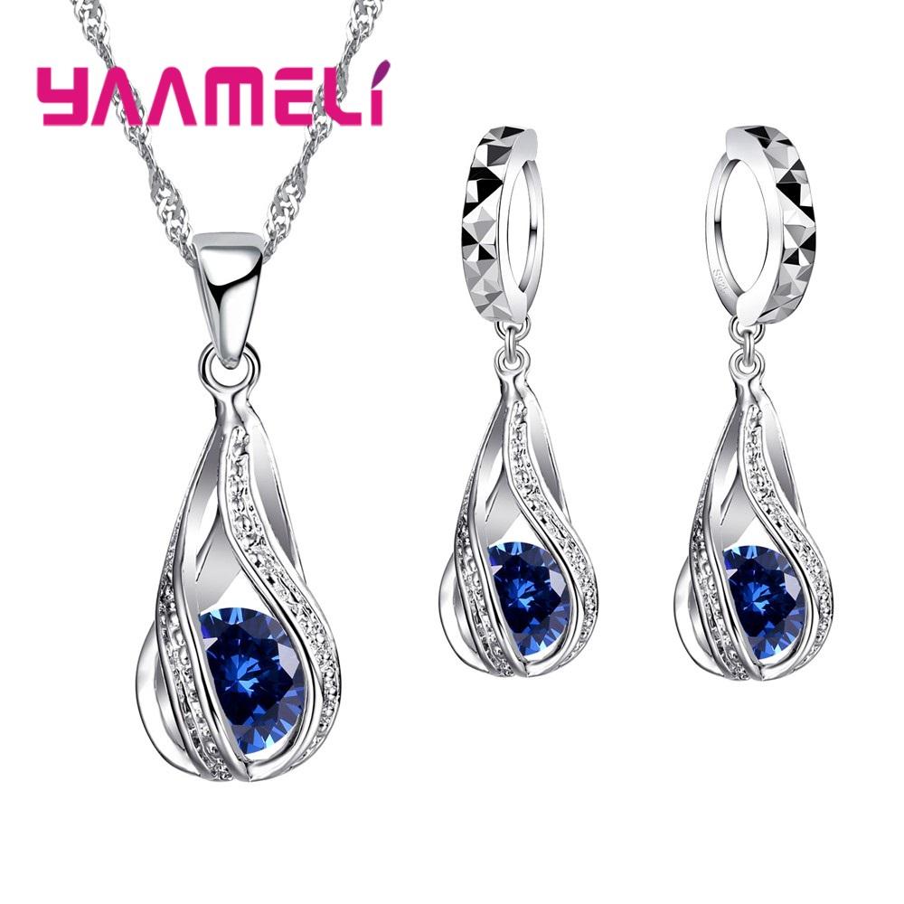 Water Drop Crystal Necklace Earring Set For Women 925 Silver Engagement Wedding Jewelry Set For Valentines Day Gift