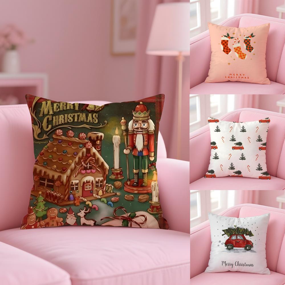 Merry Christmas Home Decoration Cushion Cover Plush Fabric Soft Double-Sided Printed Sofa Warm Winter Home Gift Pillow Cover