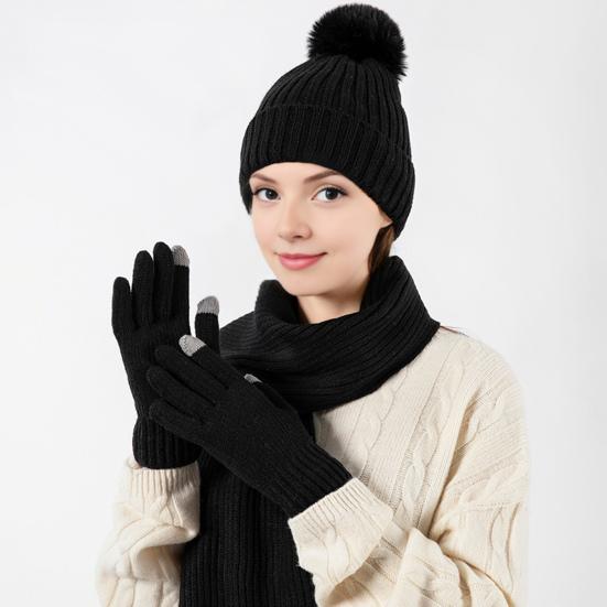 Yousheng 3Pcs/Set Women Winter Hat Scarf Gloves Set Solid Color Elastic Thickened Warm Brimless Hat Long Scarf Knitting Gloves Set