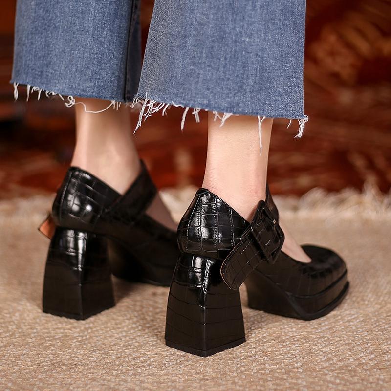 Retro Concise Mary Janes Women Pumps Genuine Leather Platforms Thick Heels Shoes Woman 2024 Spring Casual Buckle Pumps New Shoes