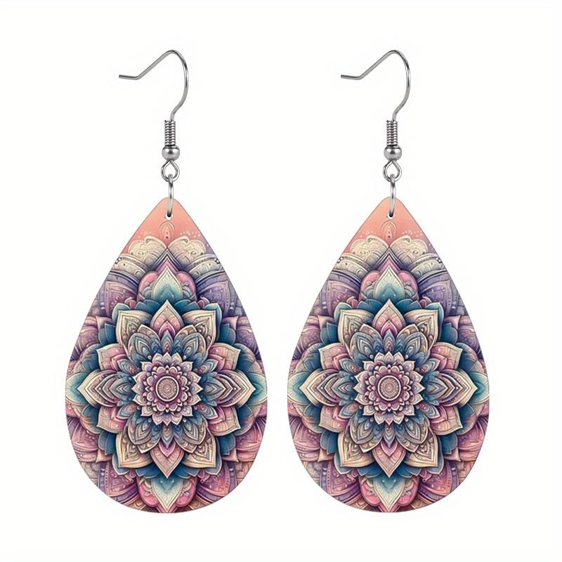 Boho Style Mandala Floral PU Drop Dangle Earrings for Women, Vibrant Spring Meditation Theme Double Sided Hoop Earring, Holiday Party Accessories