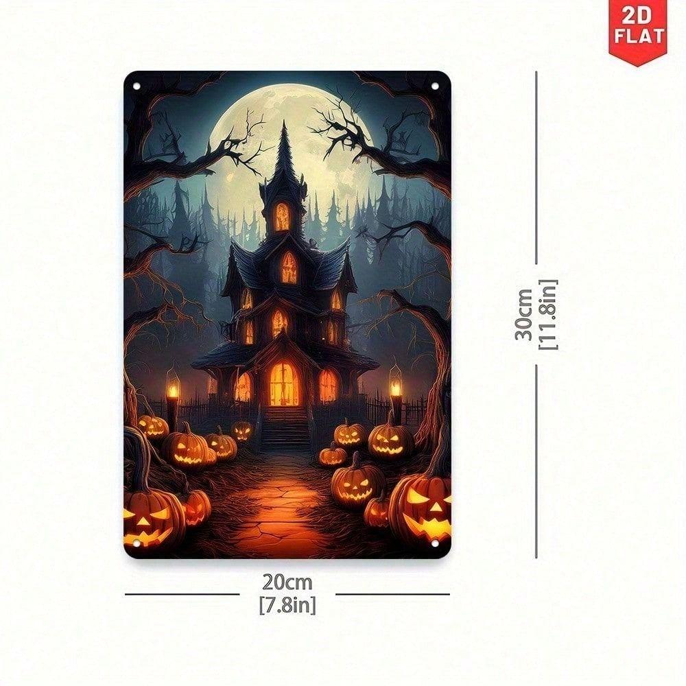 Gothic Halloween Metal Poster Pumpkin Ghost House Vintage Wall Art Decor 20x30cm