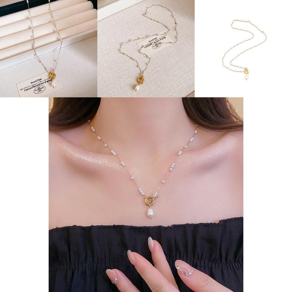 Titanium Steel Elegant Pearl Choker Chain With Geometric Shape For Ladies