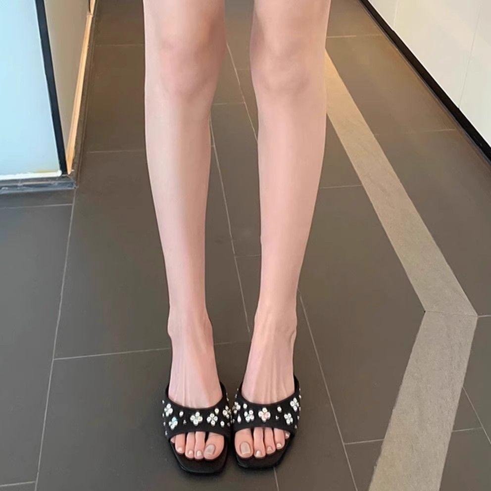 Shoes for Women with Heel Sexy Woman Slippers Square Head Slides Crystals Sandals on Offer Sale Korea Style Wholesale Stylish 39