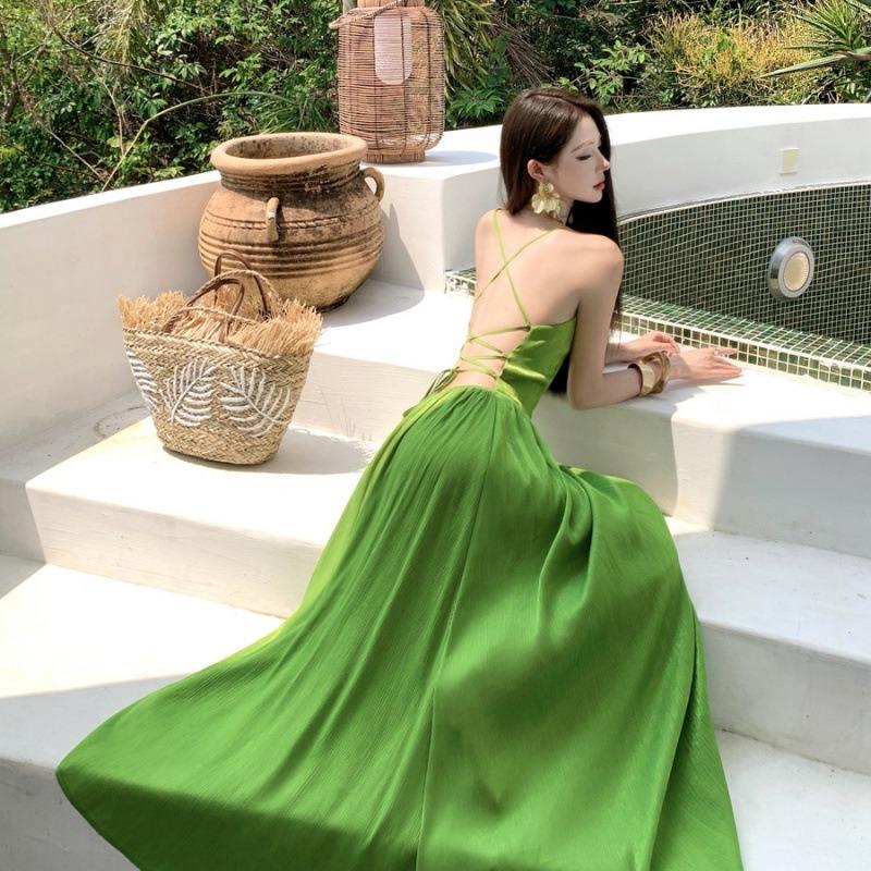 Green Backless Adjustable Cross Strap Suspender Dress Women's Summer Island Vacation Beach Long Skirt