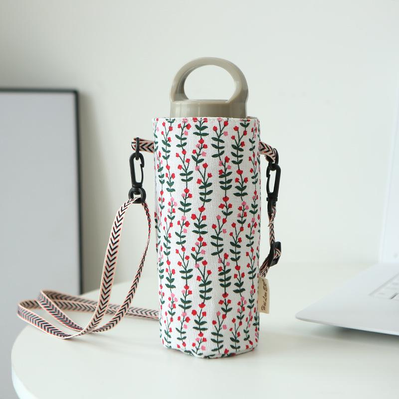 1Pcs Insulated Canvas Thermos Bag Water Bottle Cover Adjustable Crossbody Strap Floral Duck Print Cup Holder For Shopping