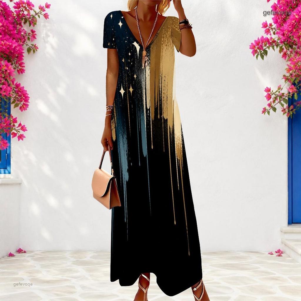 Women Plus Size V Neck Short Sleeve Dark Abstract Printed Maxi Dress