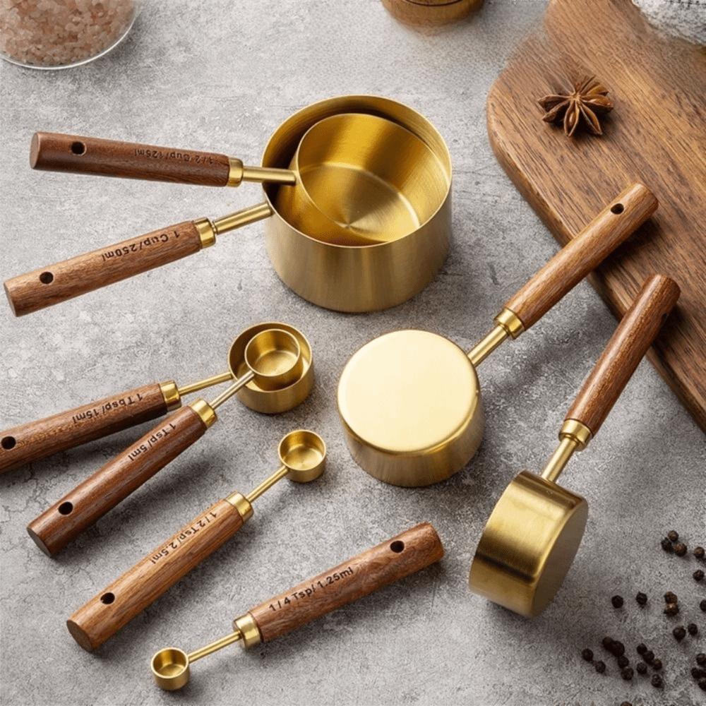 8Pcs Wooden Handle Measuring Spoon Set Gold Brown Baking Measuring Tool Home Kitchen