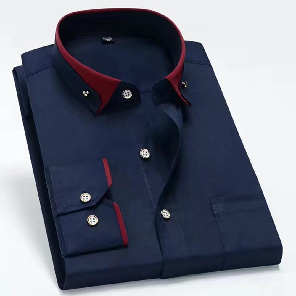 Men's Diamond Buttons & Contrast Collar Dress Shirt with Chest Pocket Long Sleeve Stretch Smooth Wrinkle-Free Easy Care Shirts