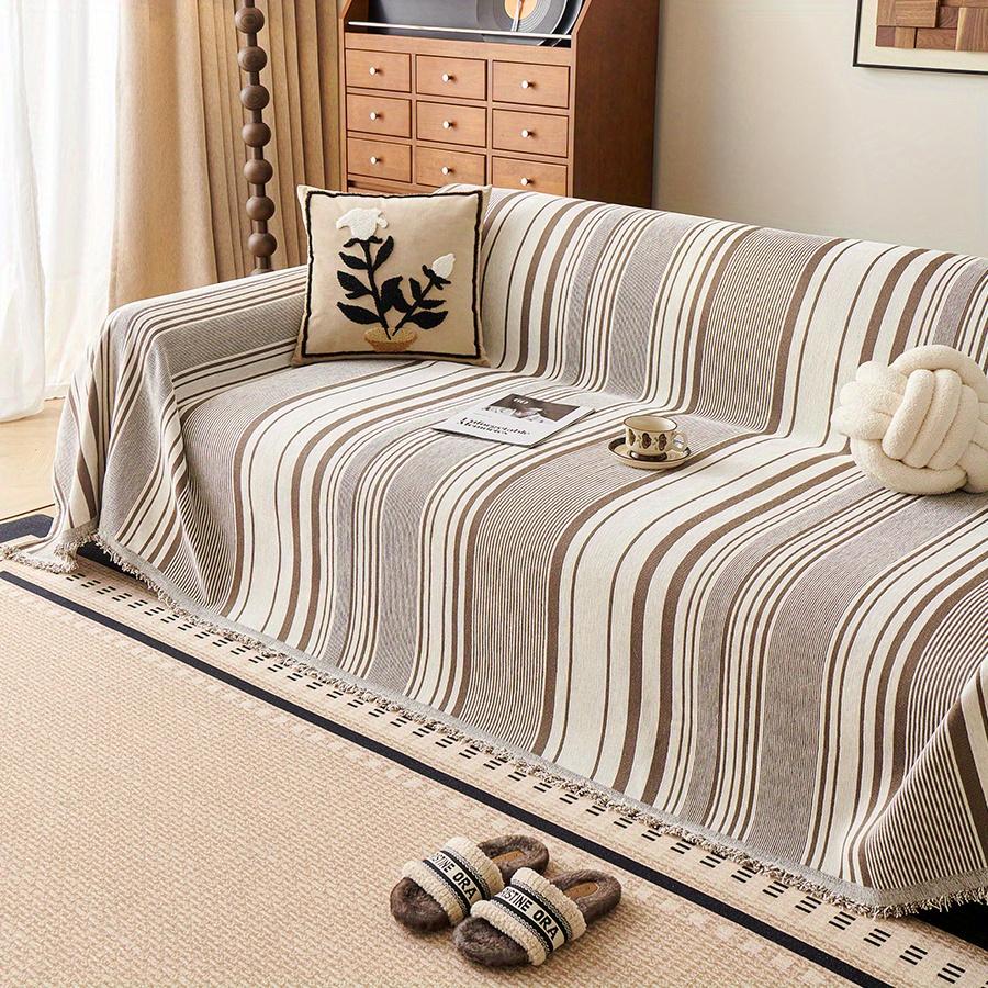 1PC Chenille Sofa Towel All-cover Coffee Striped Pattern Sofa Throw Blanket With Tassels Couch Protector Double Face Usable