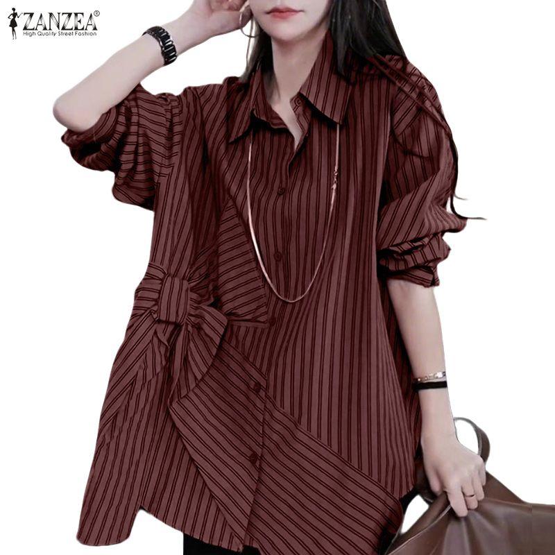 ZANZEA Women Turn Down Collar Casual Long Sleeve Stripe Blouse