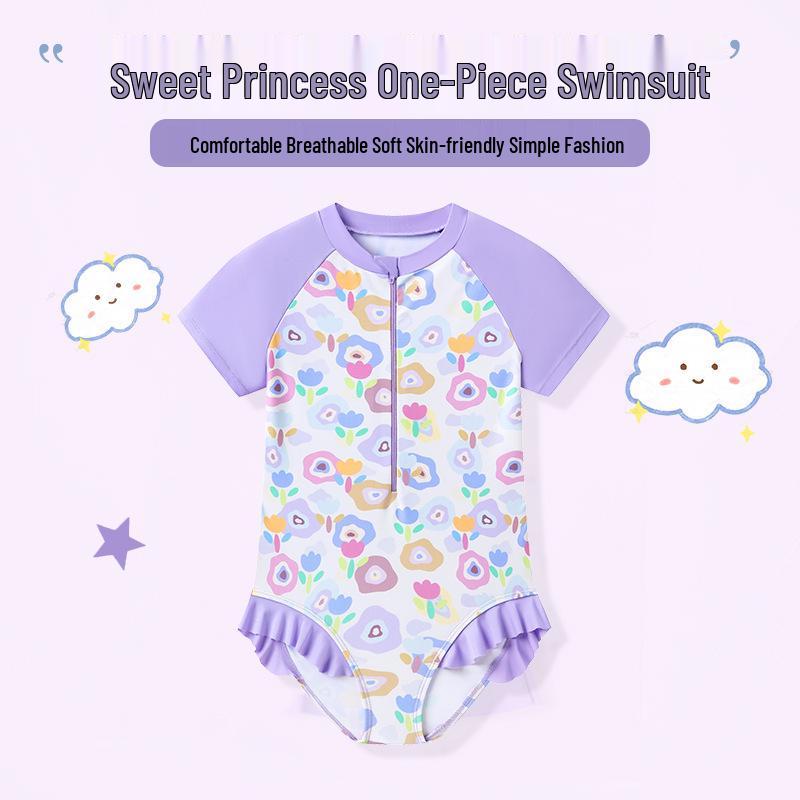 Costume da bagno a triangolo intero per bambina, ad asciugatura rapida, traspirante, con motivo floreale viola