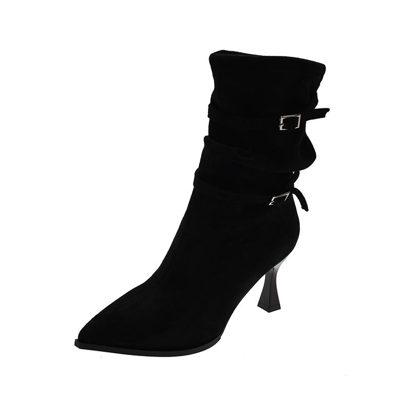 

Французские ботильоны-стилетто Ретро мода Острый носок Панельная замша Пряжка Нескользящий Высокий каблук Узкие туфли 40
