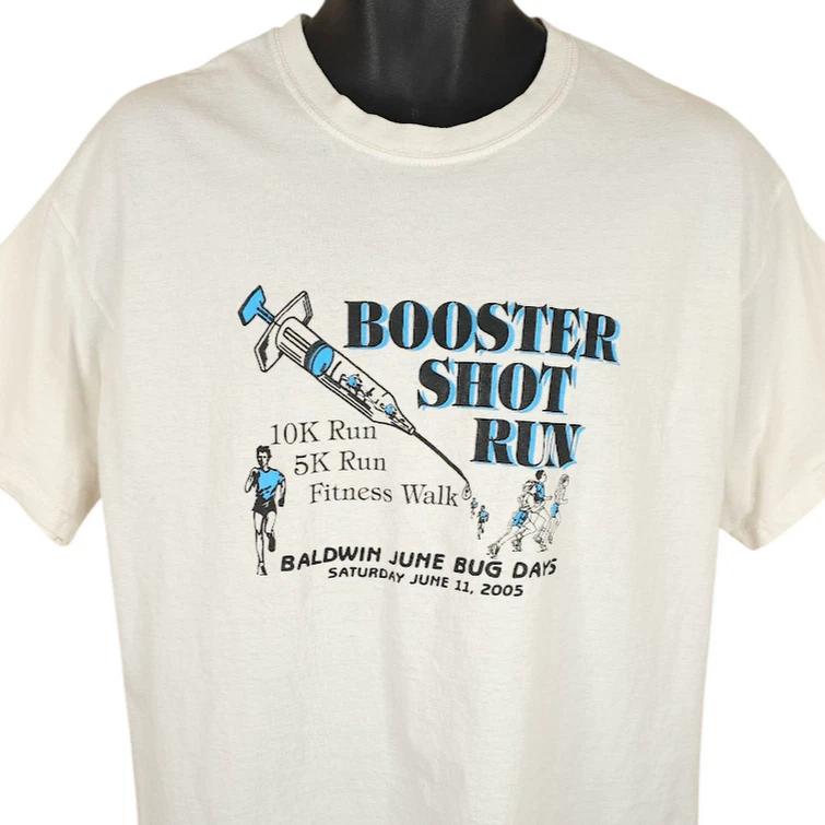 

Vintage Booster Shot Run 100% Cotton T-shirt Mens Tees Top Mens Size Large White Y2K 10K Baldwin June Bug S