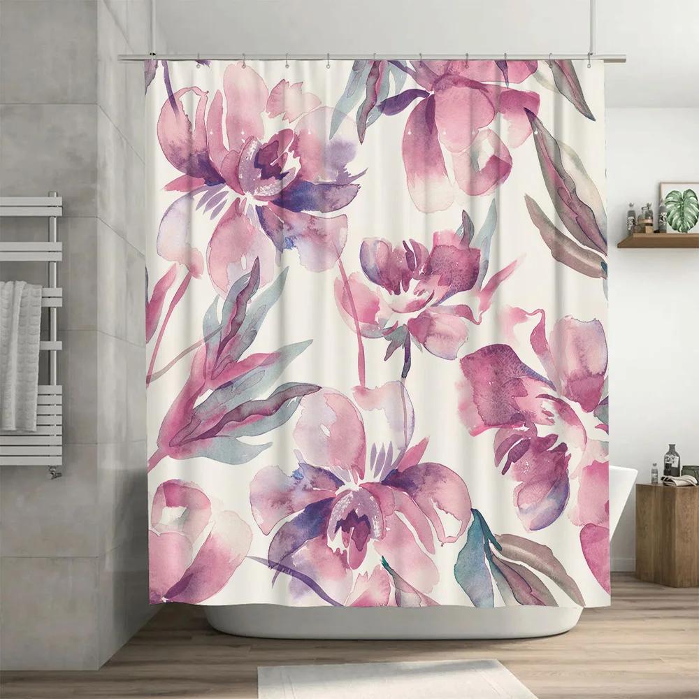 Floral Bath Curtain Set with Watercolor Design Pink Orchid Shower Curtains for Bathroom Decor Modern Home Decorative Shower Pane