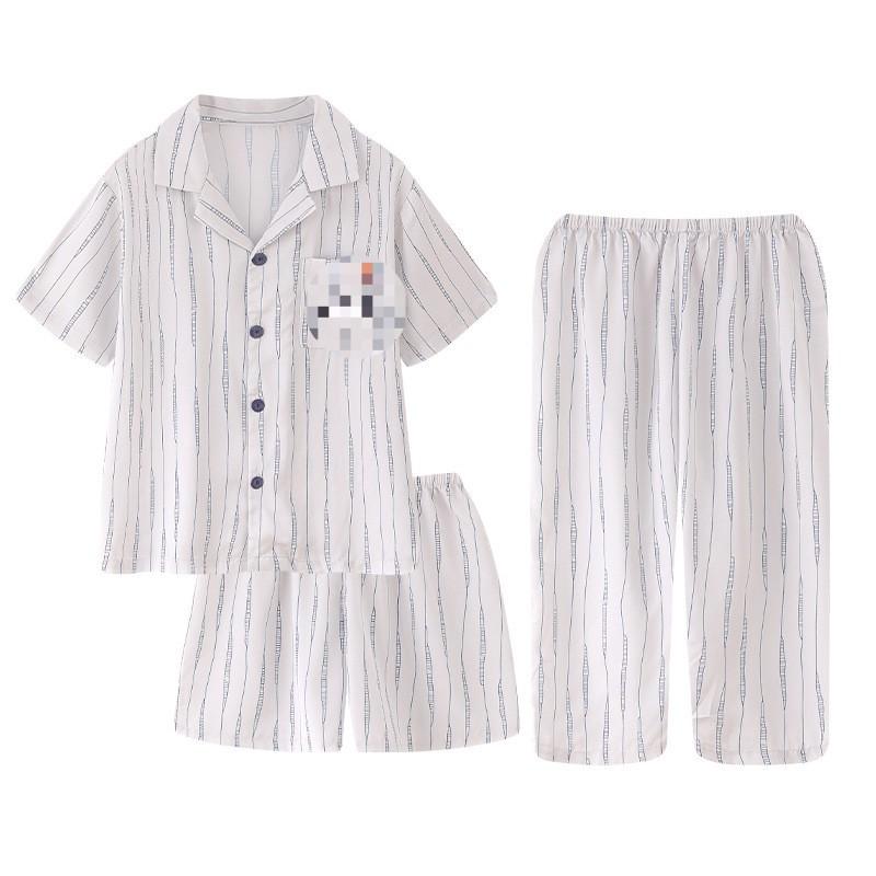 Boys Pajama Set Ice Silk 3-Piece Short Sleeve Lounge Wear Kids 8 Years Cartoon Print Lightweight Sleepwear
