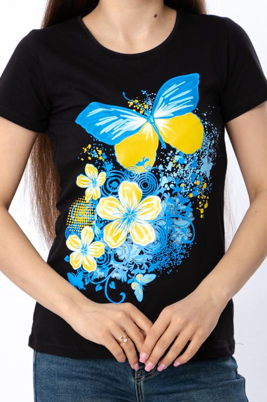 Women’s Patriotic T-Shirt – Butterfly & Flowers In Ukrainian Flag Colors, Summer, 8188-001-33-Y-3 HC