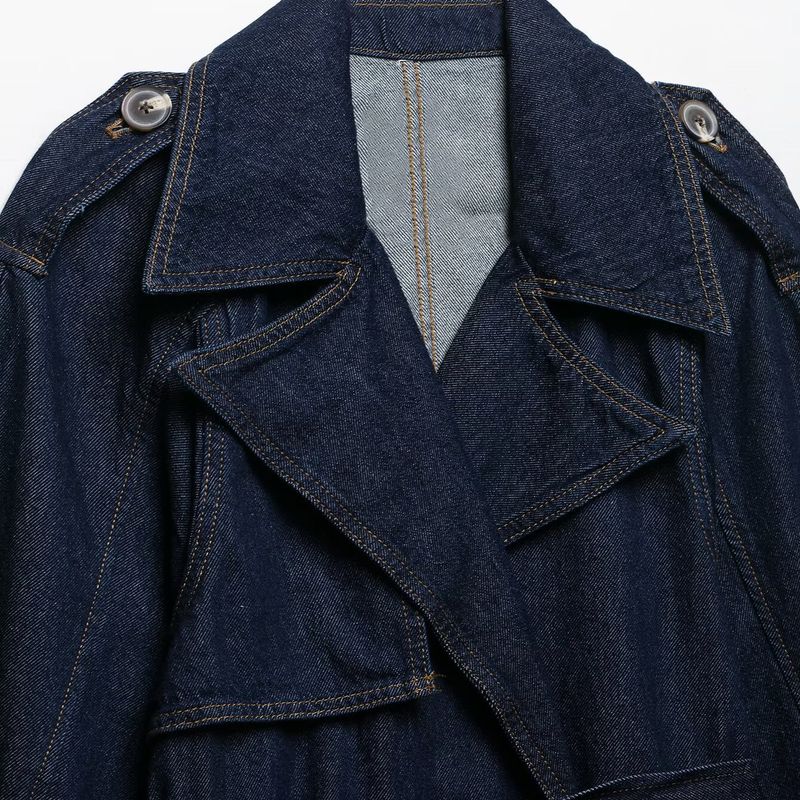 Kaslead New Women Clothes Western Style Fashion Short Wide Design Sense Denim Long Sleeve Trench Coat