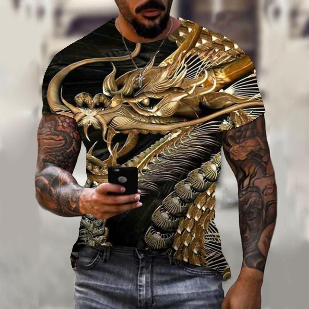 Summer Round Neck 3D Dragon Print Top Fashionable Casual Short Sleeved Men's T-shirts