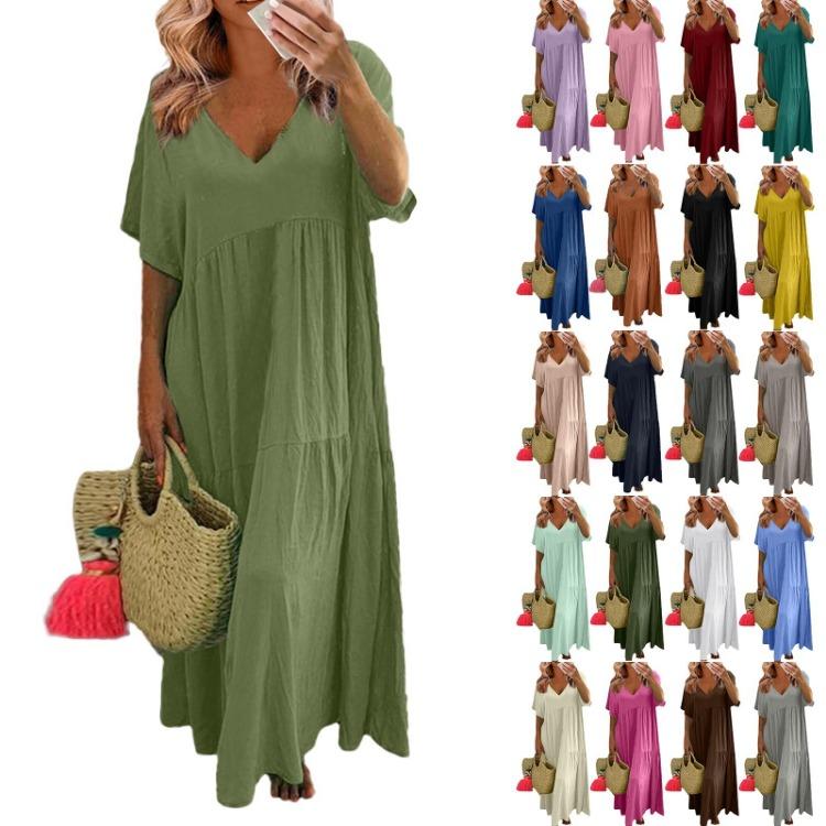Summer Women Loose Short Sleeve Swing Dress Solid Color Large Size V Neck Fashion Long