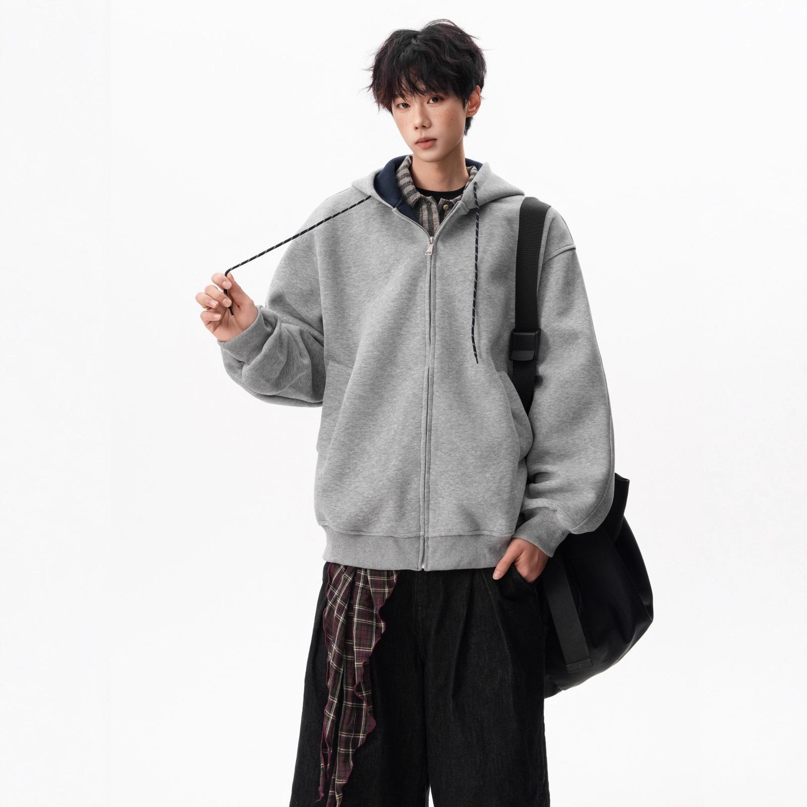 

Color Matching Hooded Sweater Men s and Women s Autumn Double Zipper Couple Jacket Loose Moving Cardigan XXXL светло-серый