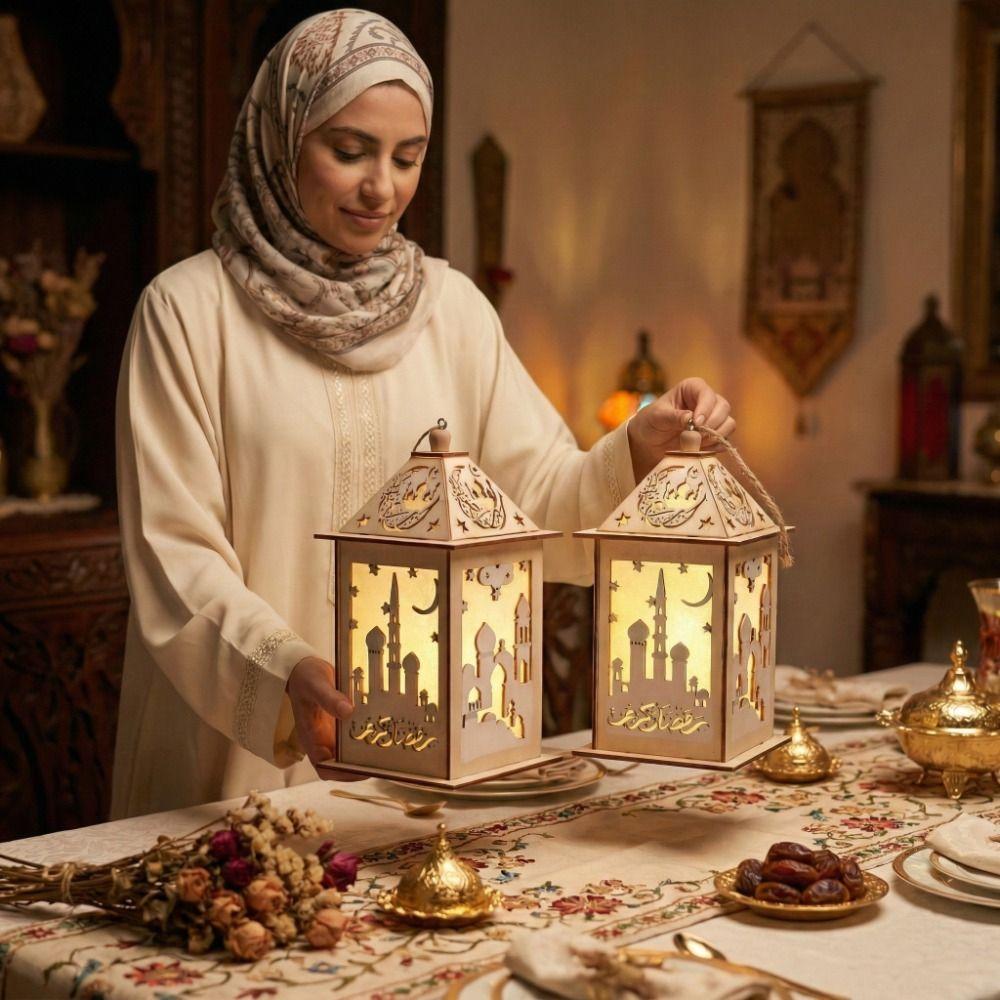 Wooden Ramadan LED Lantern Hollow Moon LED Lamp Portable Moroccan Wind Lantern  Ramadan Celebration