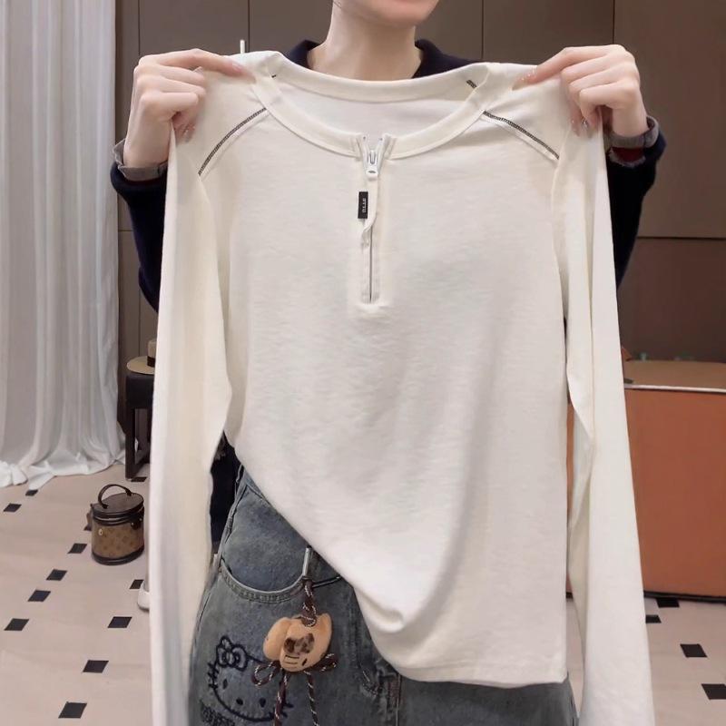 Women s Korean-Style White Half-Zip Long-Sleeve T-Shirt - 2025 Autumn, Loose Fit & Slimming L