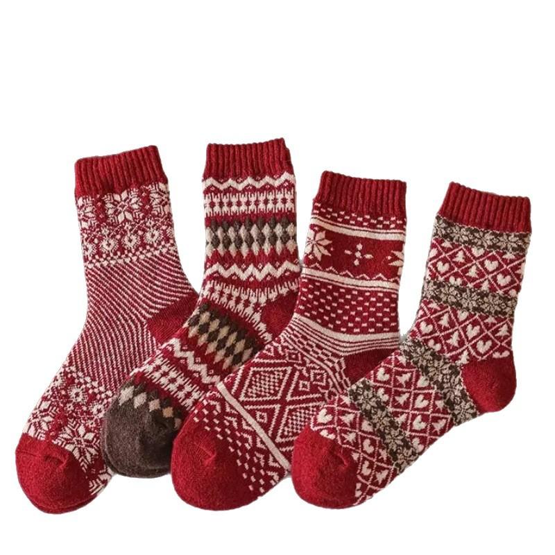 New Year'S Red Sox Women'S Middle Horse Year Wool Pile Socks Vintage Diamond Plaid Women'S Socks Trendy Socks