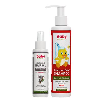 Babyorgano Jemný dětský šampon a vyživující vlasový olej set (0-3 roky): Bez slz, Přirozeně hebké a lesklé vlasy, Bez parabenů (Combo)