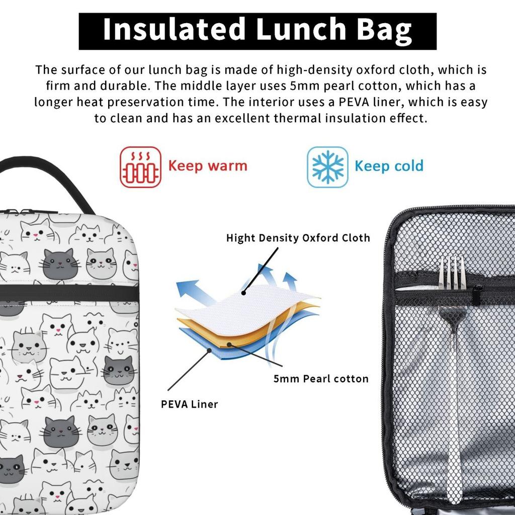 Borsa Termica per Pranzo con Fantasia Gatto Grigio Cartone Animato per Donne Bambini Scatole per Cibo Portatili Pranzo Termico Borsa Tote