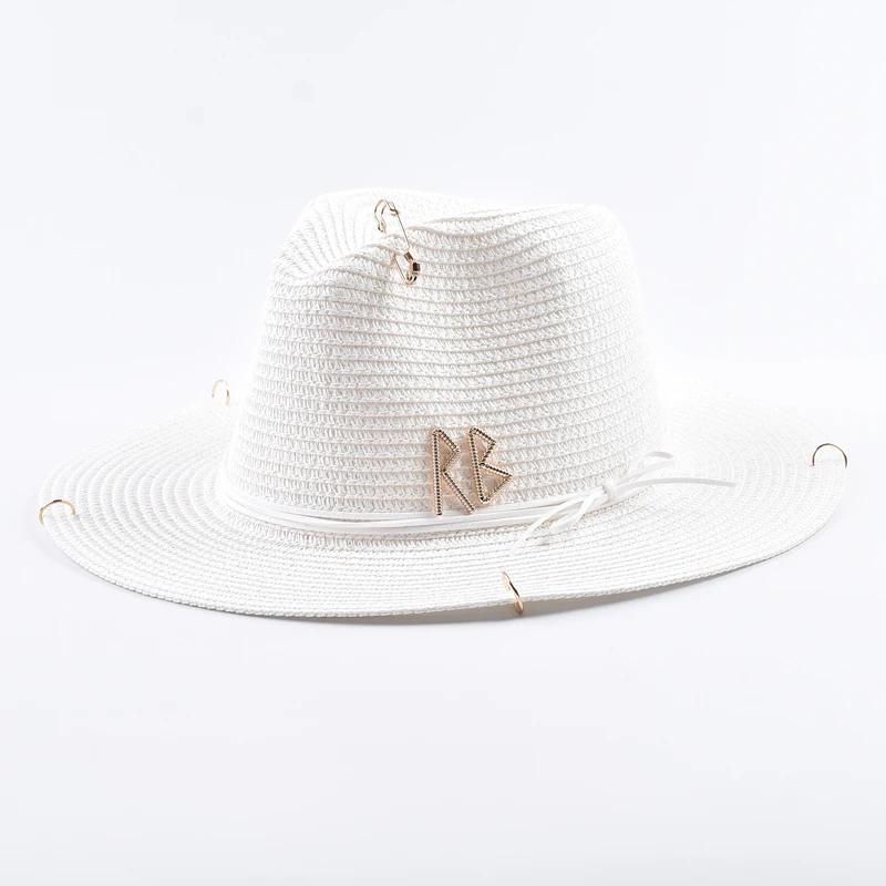 2025 Fashionable Metal RB Letter Denim Straw Hats for Women Men Summer Panaman Jazz Hat Outdoor Holidays Beach Sun Hat Wholesale