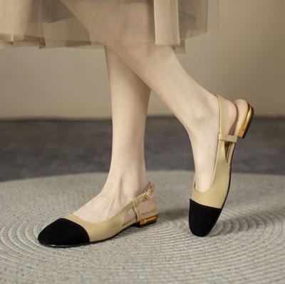 Retro Low-heeled Baotou Sandals Women's Summer New Suede Leather Pacthwork Ankle Buckle Back Strap Slingback Office Shoes Sandal