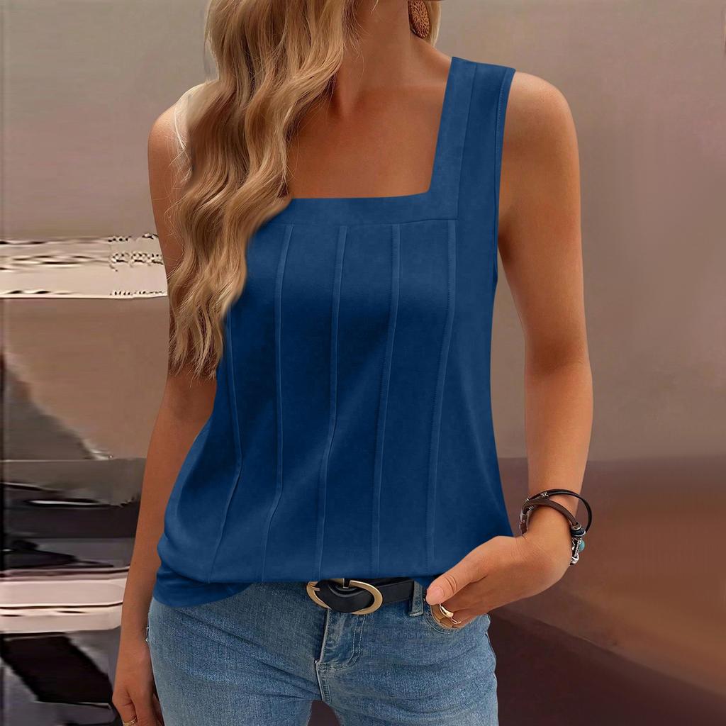 Women's Casual Fashion Square Neck Pleated Knit Sleeveless Vest Top