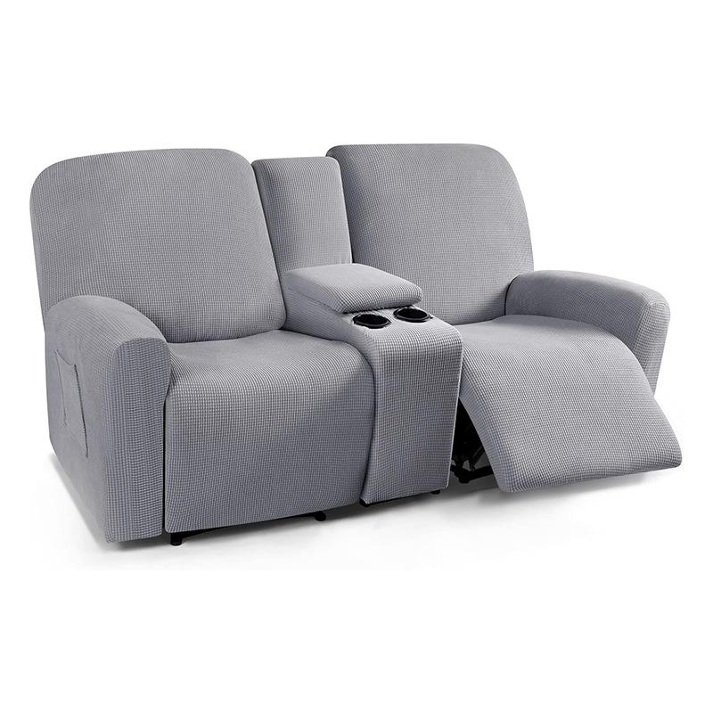 Solid Color Recliner Covers All-inclusive Loveseat Center Console Sofa Covers Elastic 2Seater Couch Slipcovers with Cup Holder