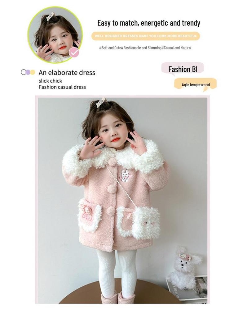 Mädchen Wintermantel im koreanischen Stil mit rosa Hasenohren und flauschigem Futter