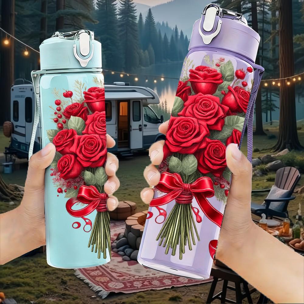 1PC Red Rose Bouquet Floral Print 750ml Color Plastic Sports Water Bottle Leakproof Flip Straw Lid Suitable for Sports Office Home Use