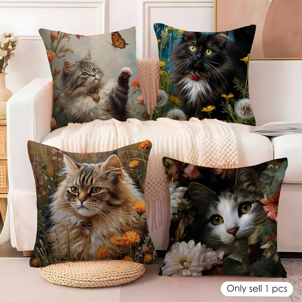Katze und Blume Kissenbezug Weicher Plüschstoff Beidseitig Bedruckte Kissenbezüge für Alle Jahreszeiten Heimdekoration