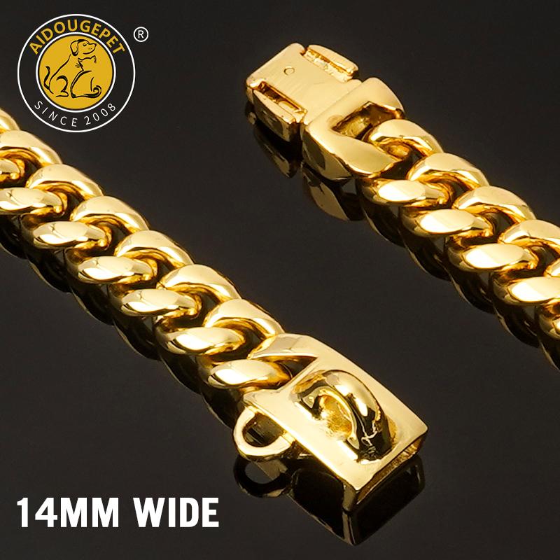 Strong Gold Dog Collar Stainless Steel Cuban Link Chain 14mm Wide Metal Pet Necklace for Small Medium Large Dog Collar Product
