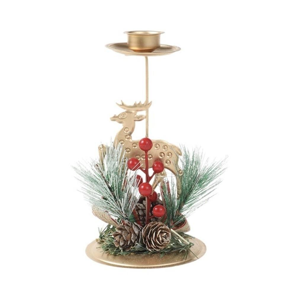 Vintage Golden Christmas Candle Holder Snowflake Xmas Tree Iron Candlestick Simulated Pine Needles Desktop Ornament Festive