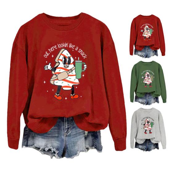 Sweat-shirt d'automne et d'hiver pour femme, imprimé dessin animé, poignets et ourlet élastiques, pull ample à col rond, mi-long, haut de sport à porter au quotidien