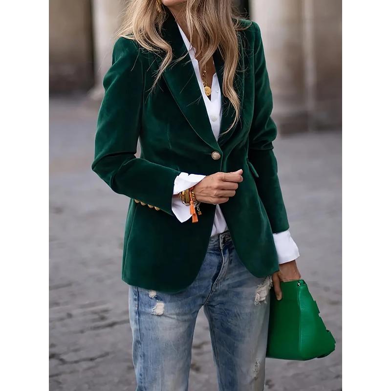 Women's Solid Color Velvet Notched Lapel Single‑Button Long Sleeve Slim Fit Blazer Jacket