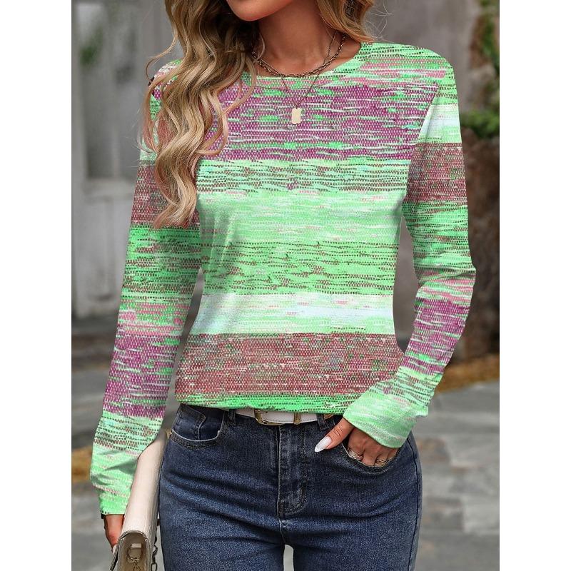 Women's Casual T-shirt 3D Printed stripe prints Round Neck Retro Elegant Long Sleeves Women's Fashion Pullover Long Sleeve Tops