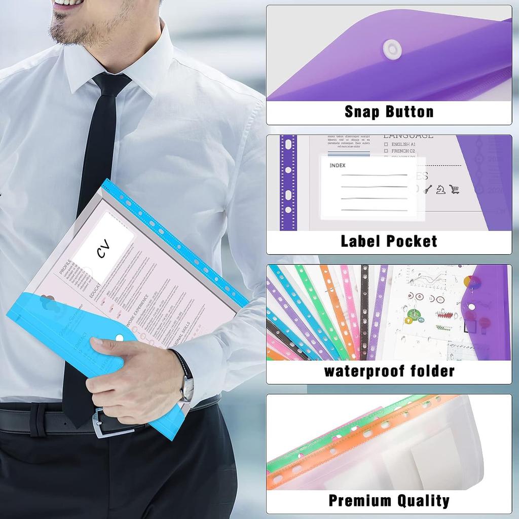 12pcs A4 Binder Pocket Plastic Envelopes Binder Folders, 11 Holes Expandable Binder Folders Document Pouch with Snap Button & Label Loose-Leaf