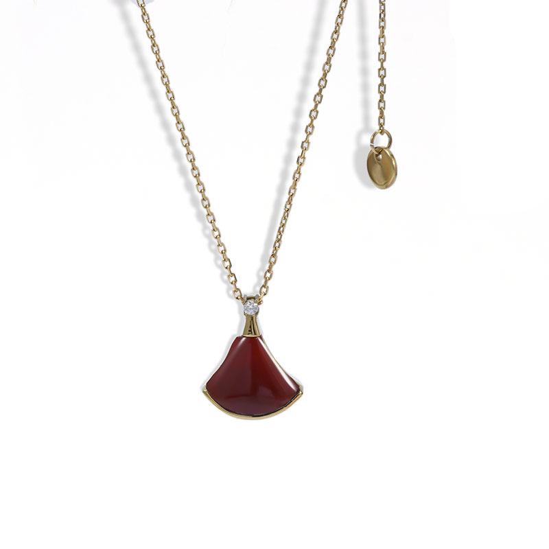 18K Gold Dress Necklace: Mother-of-Pearl & Rose Gold Fan-Shaped Chalcedony Pendant with Red Heart On Clavicle Chain