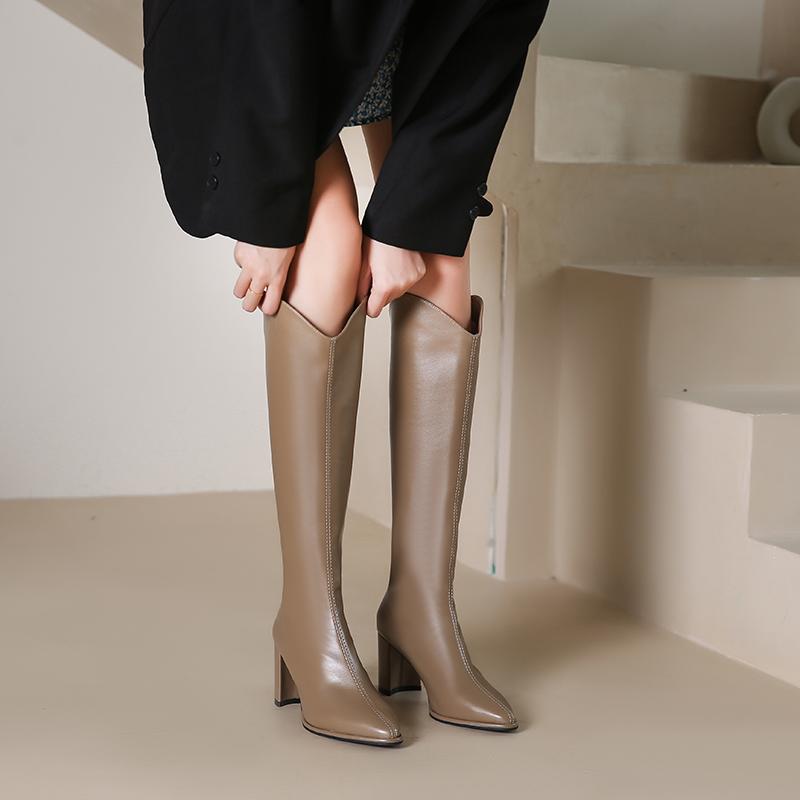 Fashion Autumn/Winter New Pointed Toe Knee-High Boot Womens Shoes V-neck Soft Leather Rear Zip Thick Heels Thigh High Boots Botas Mujer