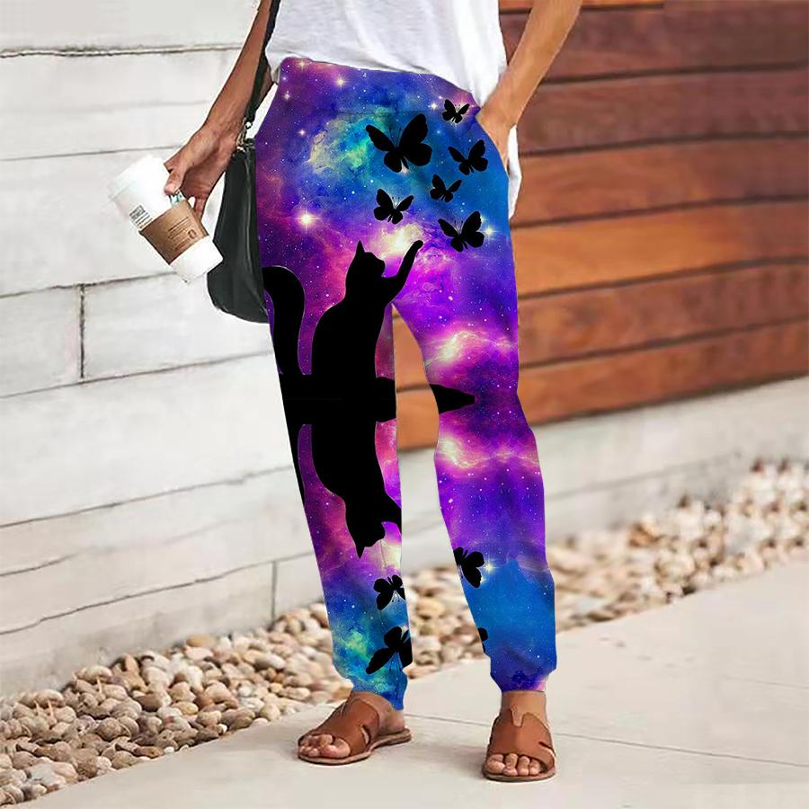 Women Cat Printing Pants Lace Up Elastic Waist Loose  Trousers Casual Long Pants Trousers with Pockets