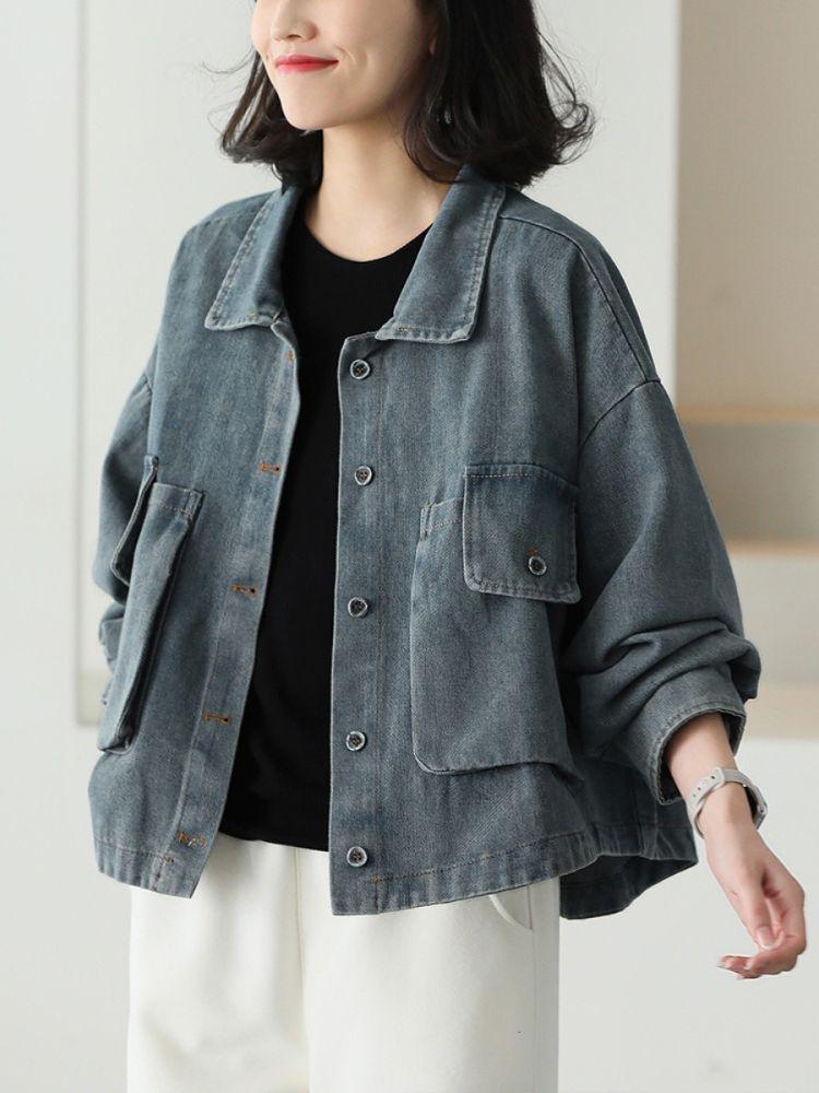 Denimjacke in Übergröße für Damen: Lässiges, lockeres, figurformendes Retro-Oberteil mit langen Ärmeln